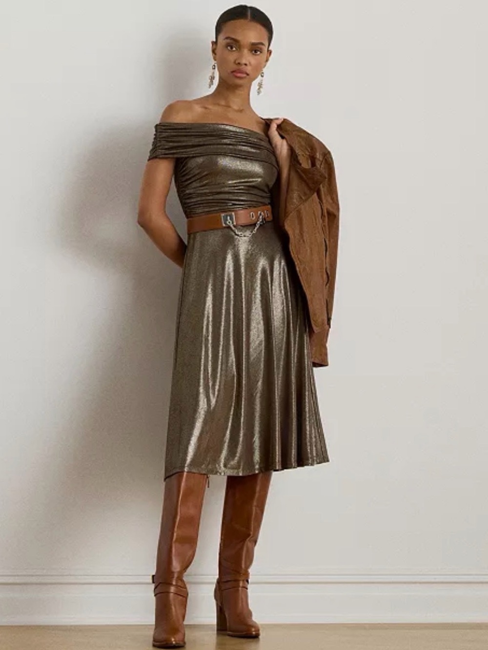 Lauren Ralph Lauren Off-Shoulder Metallic Midi Dress in Bronze Size 8